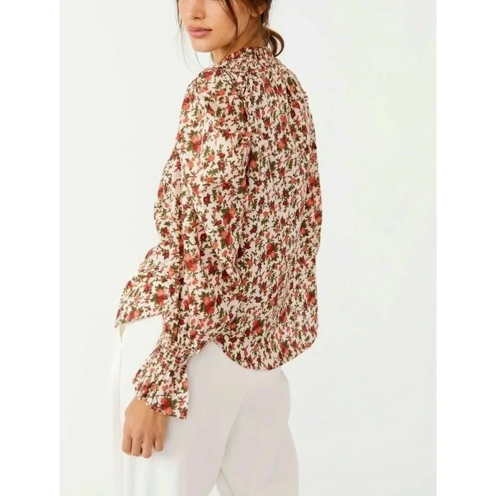 FREE PEOPLE Meant To‎ Be Blouse Floral Vintage Combo Ruffled Smocked Small